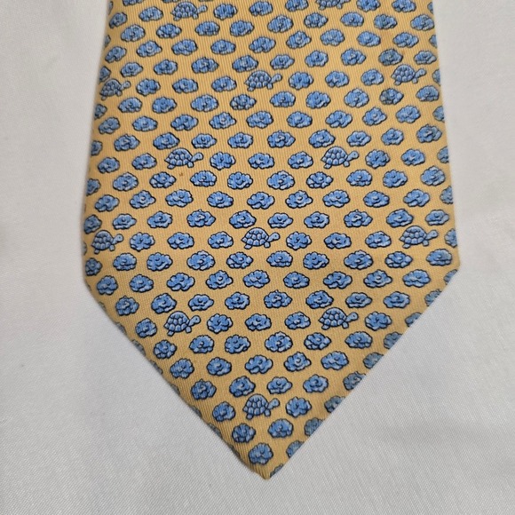 Hermes Paris Silk Tie Yellow Blue Turtle Clouds Pattern Made in France 100% Silk